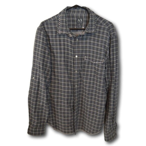Mens Armani Exchange A/X Grey Plaid Shirt w Silver Stud Accents Size: L - Picture 1 of 3